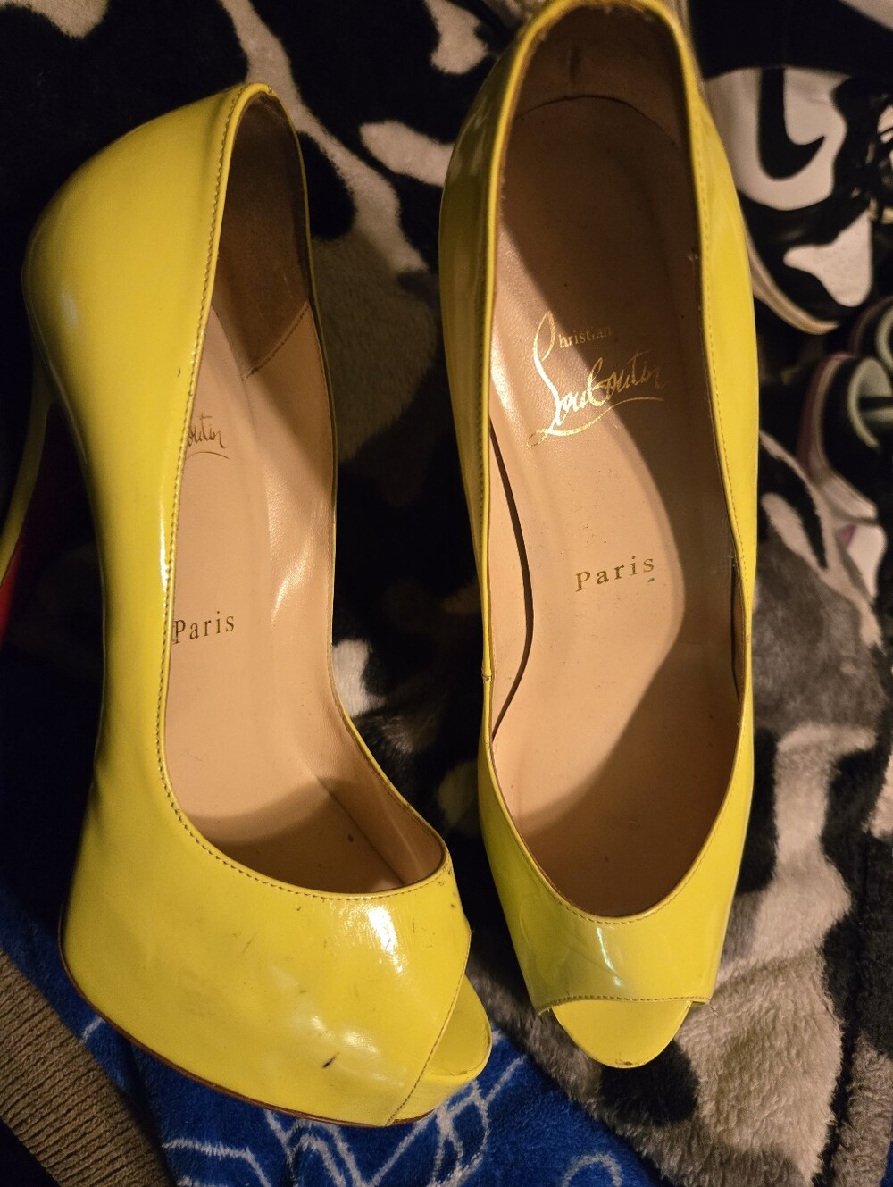 Christian Louboutin Yellow Patent Peep-Toe Heels